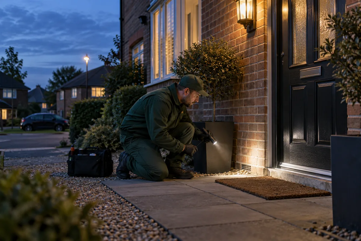 Pest technician at a British house exterior at blue-hour dusk using a portable work light to inspect the lower brick wall and entry threshold, calm professional dark green workwear, cinematic but realistic ambient lighting.