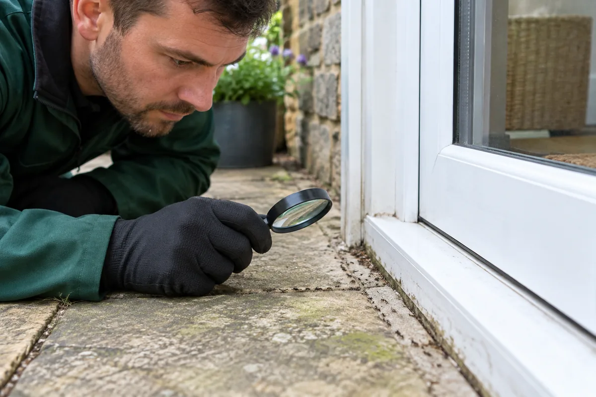 Close ground-level editorial photograph of a gloved pest technician using a compact magnifying glass to inspect a small realistic trail of black garden ants beside a British patio door threshold, weathered stone paving and white door frame, insects tiny at real-world scale, green workwear sleeve, natural daylight.