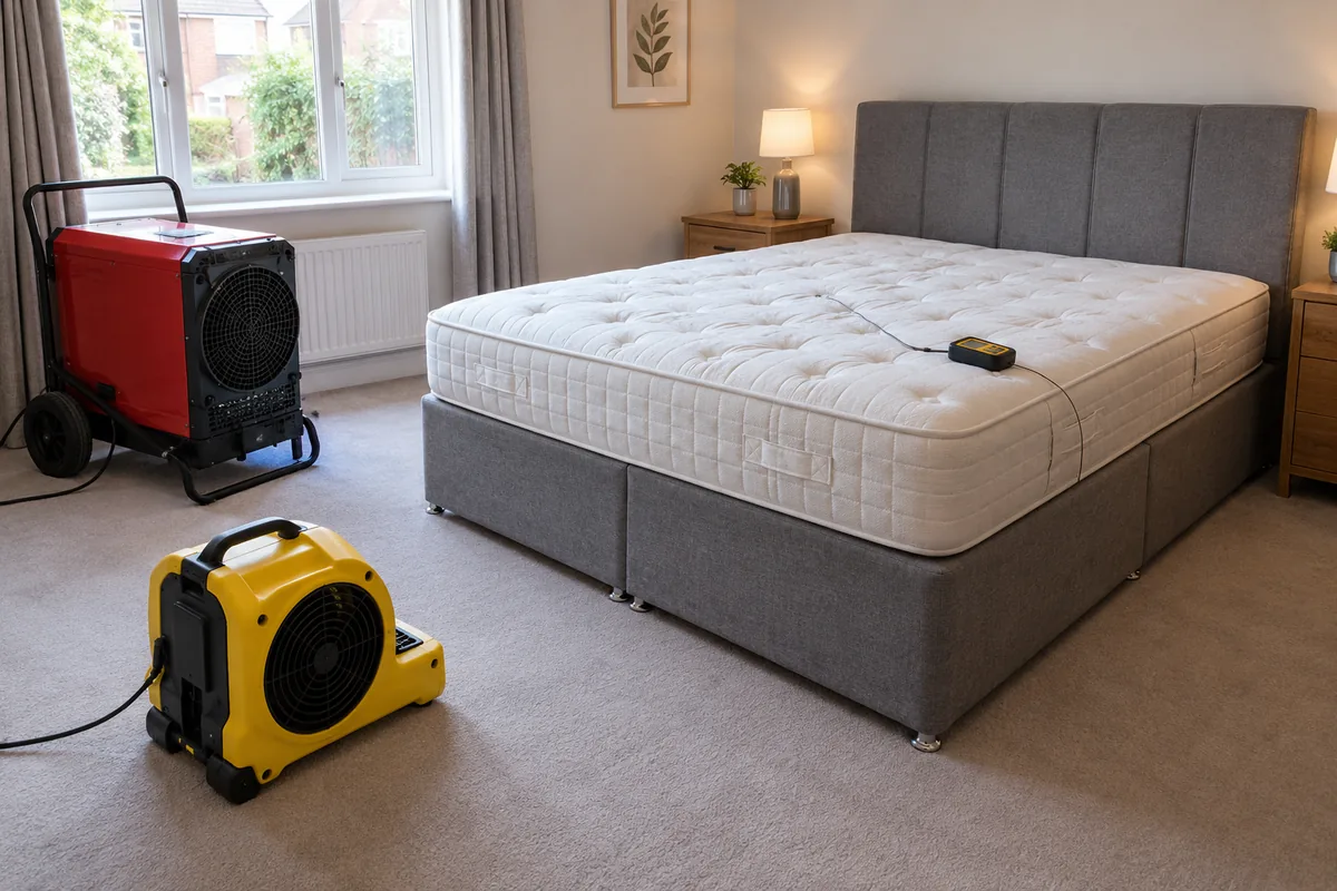 An empty tidy British bedroom prepared for professional bed bug heat treatment, robust unbranded electric heater and air mover on floor, digital monitoring unit with a thin temperature probe cable placed on mattress, bed uncluttered, equipment properly spaced with no blocked heater, no person.