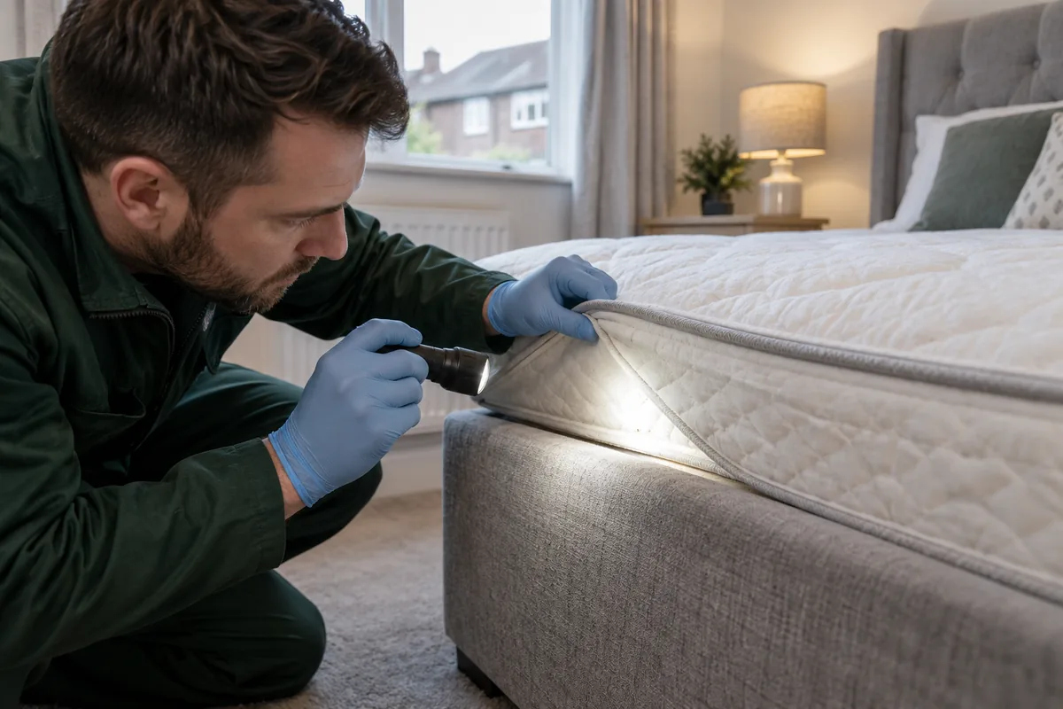 Close editorial photograph of a gloved pest inspector shining a compact torch carefully along a white mattress seam, mattress corner lifted slightly on an upholstered bed in a British bedroom, green uniform sleeve visible, accurate hands, intimate detailed inspection scene, no oversized insects.