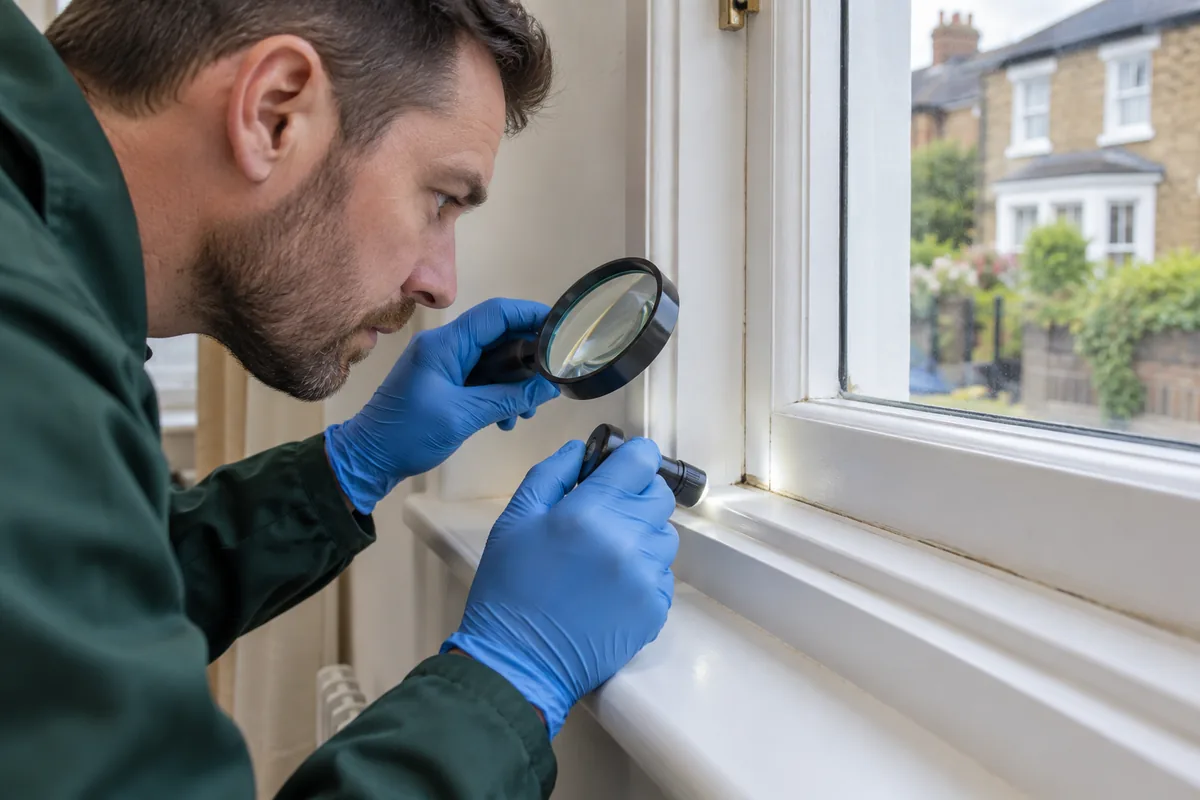 Close photograph of a gloved pest inspector carefully examining an empty interior window ledge with a handheld magnifier and small inspection torch, white sash window in British home, green sleeve, attention on narrow frame crevice, no nest and no exaggerated visible mites, clean professional scene.