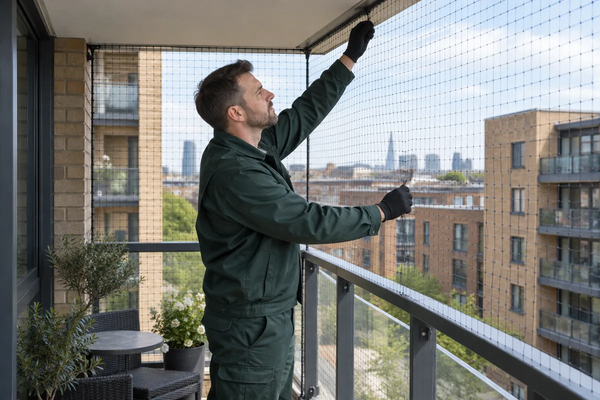 Professional technician in dark green workwear and gloves checking tension of neatly fitted fine bird exclusion netting on an accessible British apartment balcony.