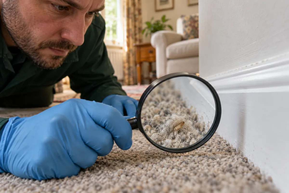 Detailed macro-style editorial photograph of a carpet edge against a white skirting board being examined through a hand-held magnifying glass by a gloved pest inspector, green uniform sleeve partly visible.