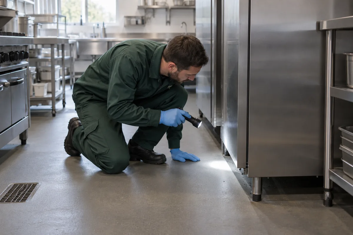 Professional gloved pest technician in dark green workwear inspecting the gap behind a stainless steel commercial kitchen appliance using a bright compact torch, clean empty British commercial kitchen with no food exposed.