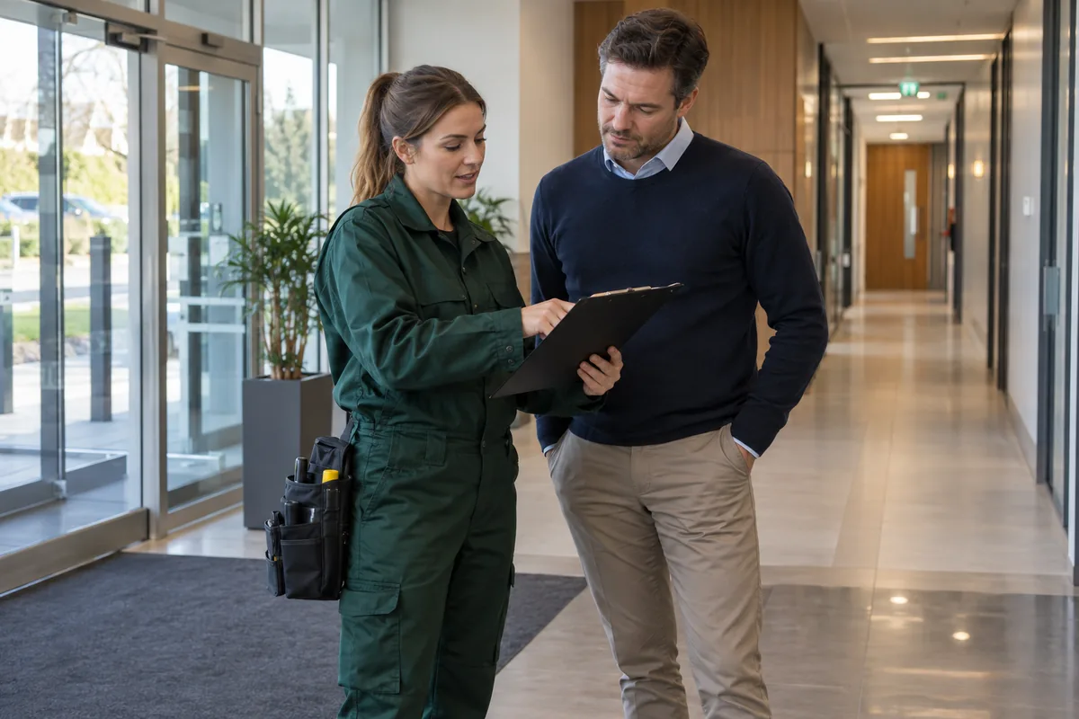 Female pest technician in dark green workwear and male facilities manager in smart casual clothing reviewing a clipboard inside a clean modern British commercial premises, glass doors and service corridor, professional candid medium-wide photograph.