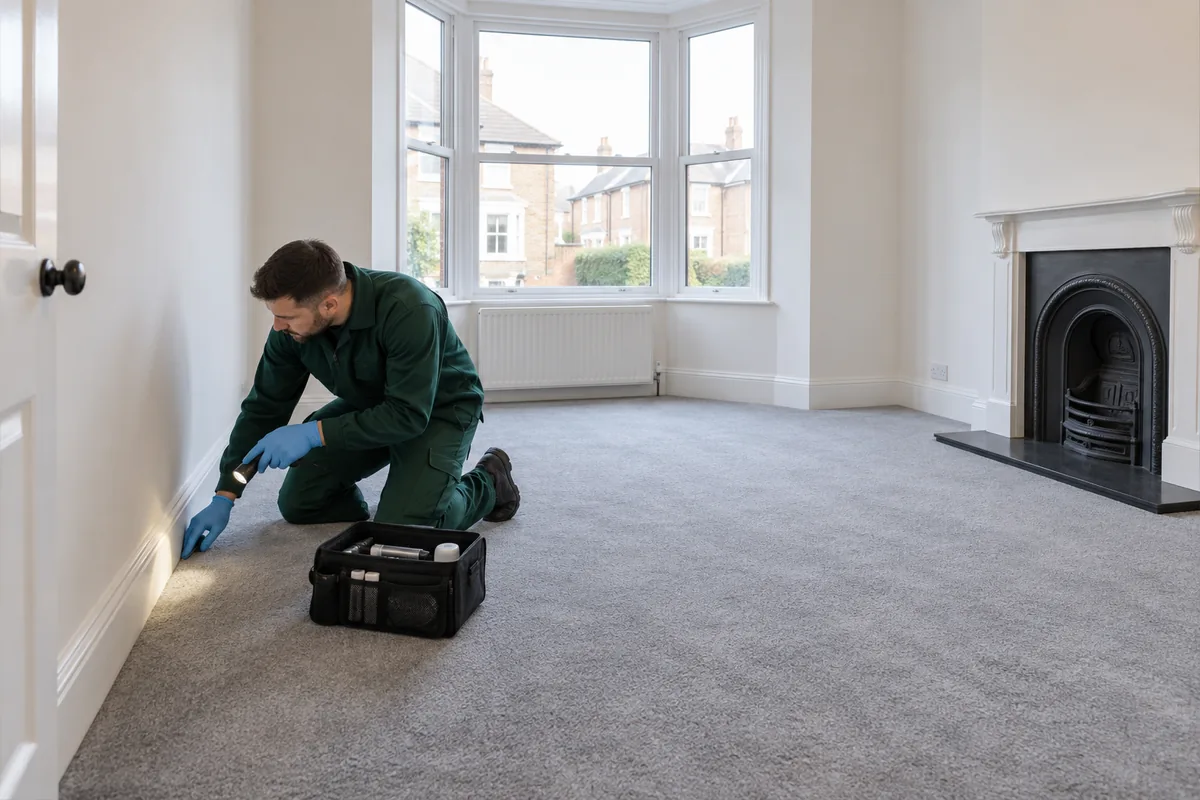 Pest technician in dark green workwear with blue nitrile gloves carefully checking the floor edge of an empty rented British living room with compact torch and inspection kit.