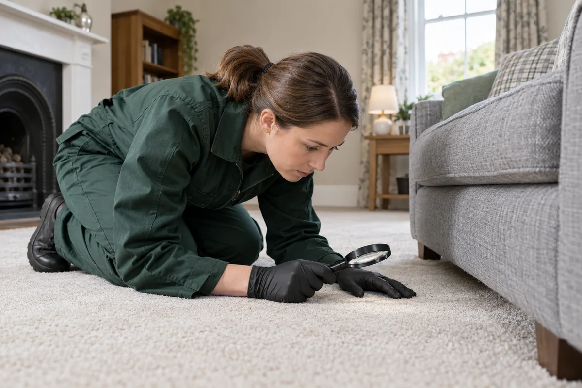 Female pest inspector in dark green workwear kneeling on a light carpet to examine fibres beside a grey sofa edge with a compact magnifying glass, empty tidy British sitting room, side view at carpet height, gloved hands, no pet, no spraying.