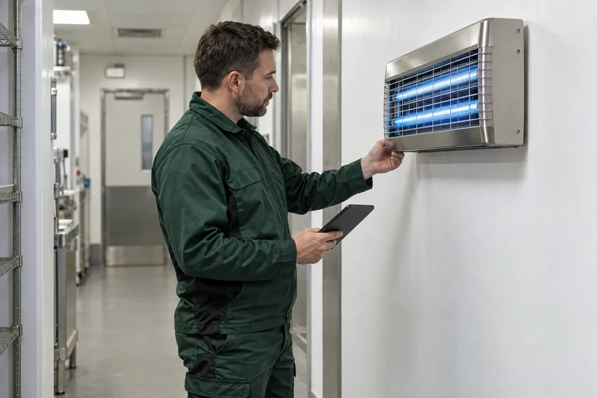 Pest technician in dark green workwear checking a covered wall-mounted commercial UV fly monitoring unit in a clean empty food-service utility corridor, protective grille intact, no food, no exposed wiring, natural side-view editorial photograph with unit at accessible chest height.