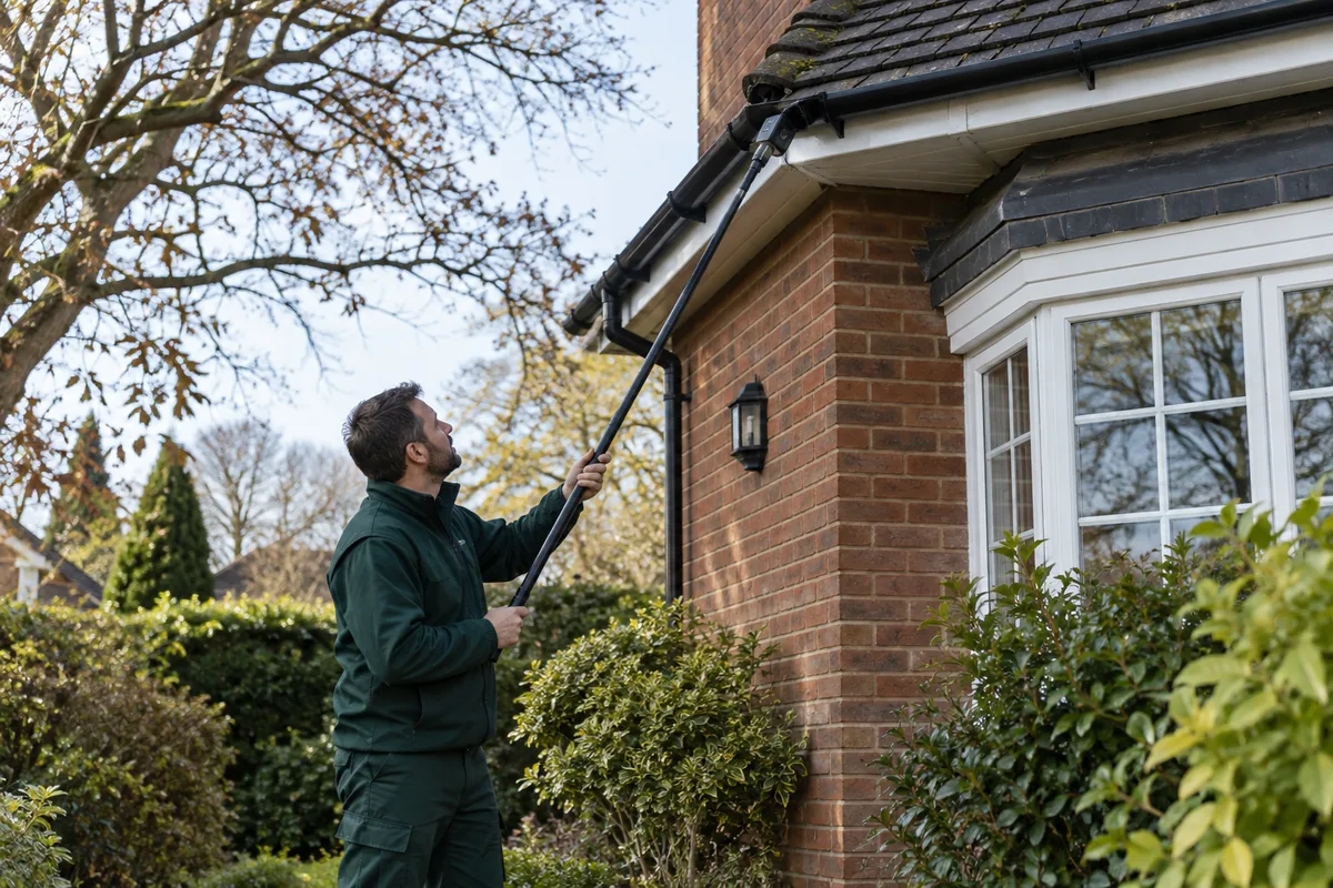 Pest technician in dark green workwear standing on firm ground outside a British brick house inspecting a suspected squirrel access gap under loft eaves using a long telescopic inspection camera pole, roof edge visible, no animal handling, no trap, no ladders.