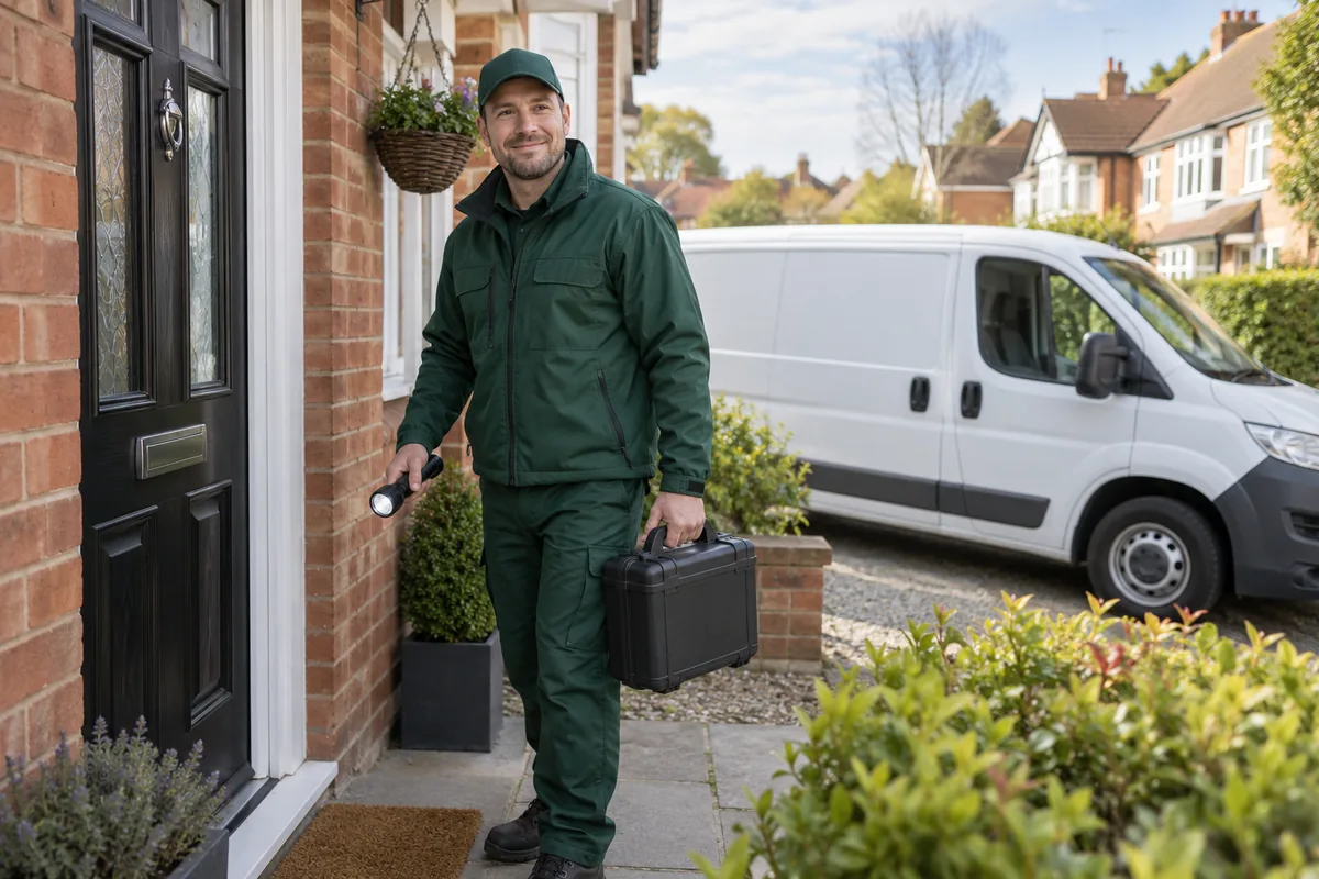 Uniformed pest control technician with flashlight and closed inspection kit at the doorway of a British brick house, a white unbranded work van behind, reassuring professional dark green workwear.