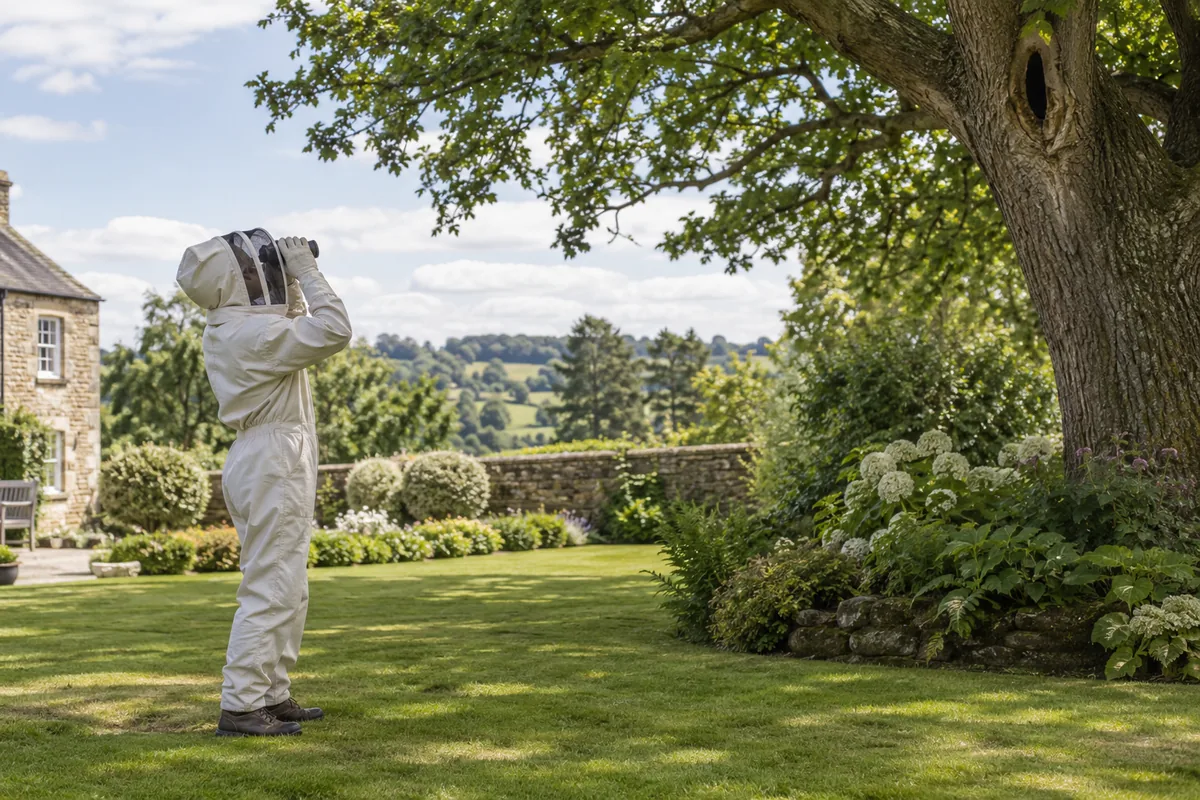 Pest expert in full protective cream bee-style suit, zipped veil, gauntlets and boots observing a high tree cavity from a safe distance of several metres across an English garden, holding binoculars, mature tree on right, no swarm and no active treatment.