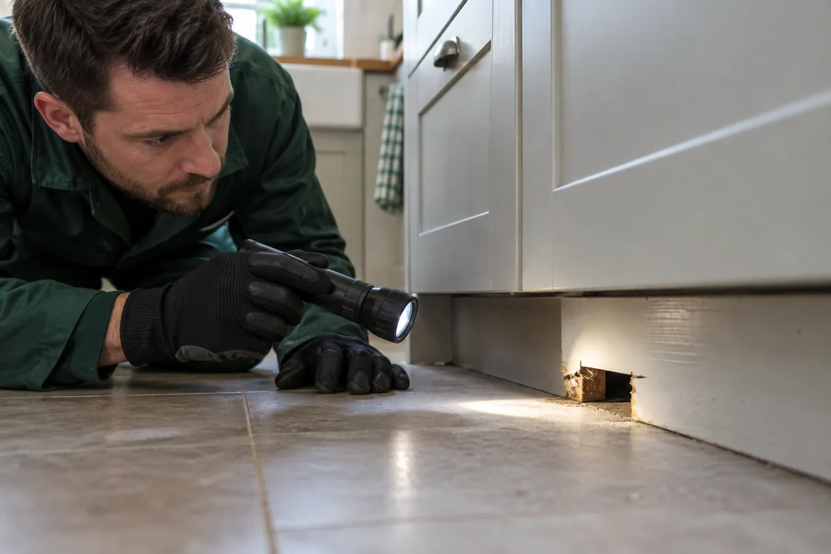 Gloved pest technician in dark green workwear inspecting a small gnawed gap beneath kitchen units with a flashlight.