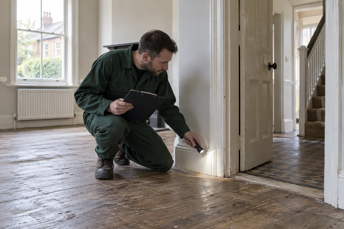 Pest inspector in dark green workwear holding a clipboard and small torch while examining the lower wall and doorway in a vacant British house, natural window light, worn timber floor, medium-wide candid photograph focused on methodical property assessment, no chemical application.