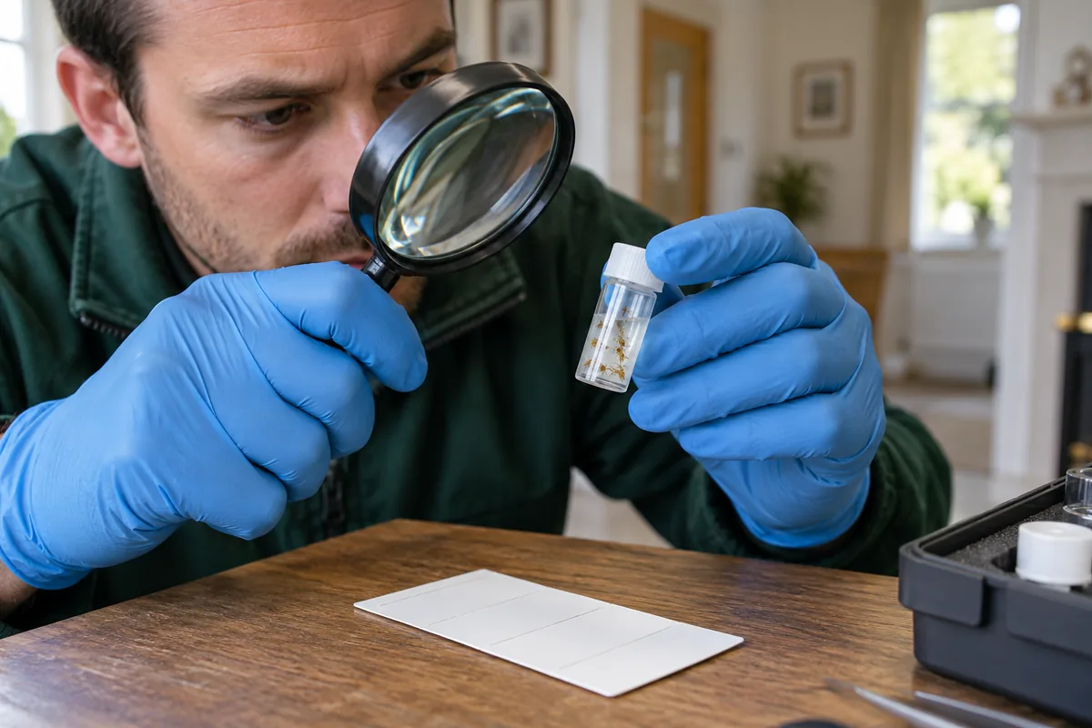 Close-up of a pest inspector's gloved hands examining a tiny sealed clear specimen vial containing minute pale yellow-brown ants beside a plain white insect monitoring card with no visible text, hand magnifier over vial, clean indoor work table, green sleeve and softly blurred British building interior, detailed natural editorial photo.