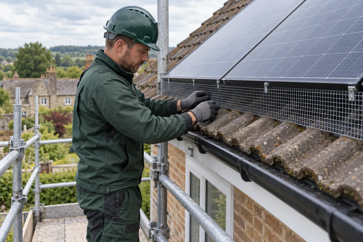 Professional installer in dark green workwear, helmet and gloves inspecting fitted metal bird exclusion mesh along the lower edge of rooftop solar panels on a British tiled house.