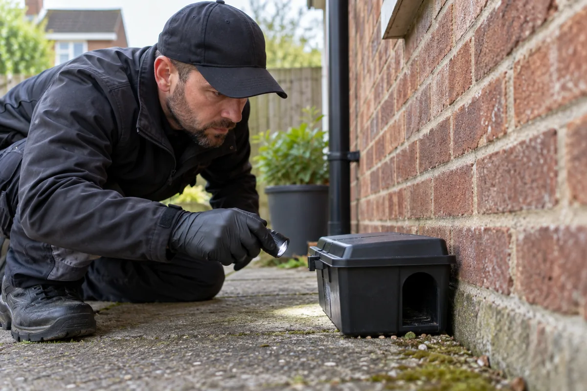 Gloved pest technician crouched beside an exterior British brick wall inspecting a secured closed black rat monitoring station resting flush against the wall, pointing a small torch toward the station entrance, no animal, no poison visible.