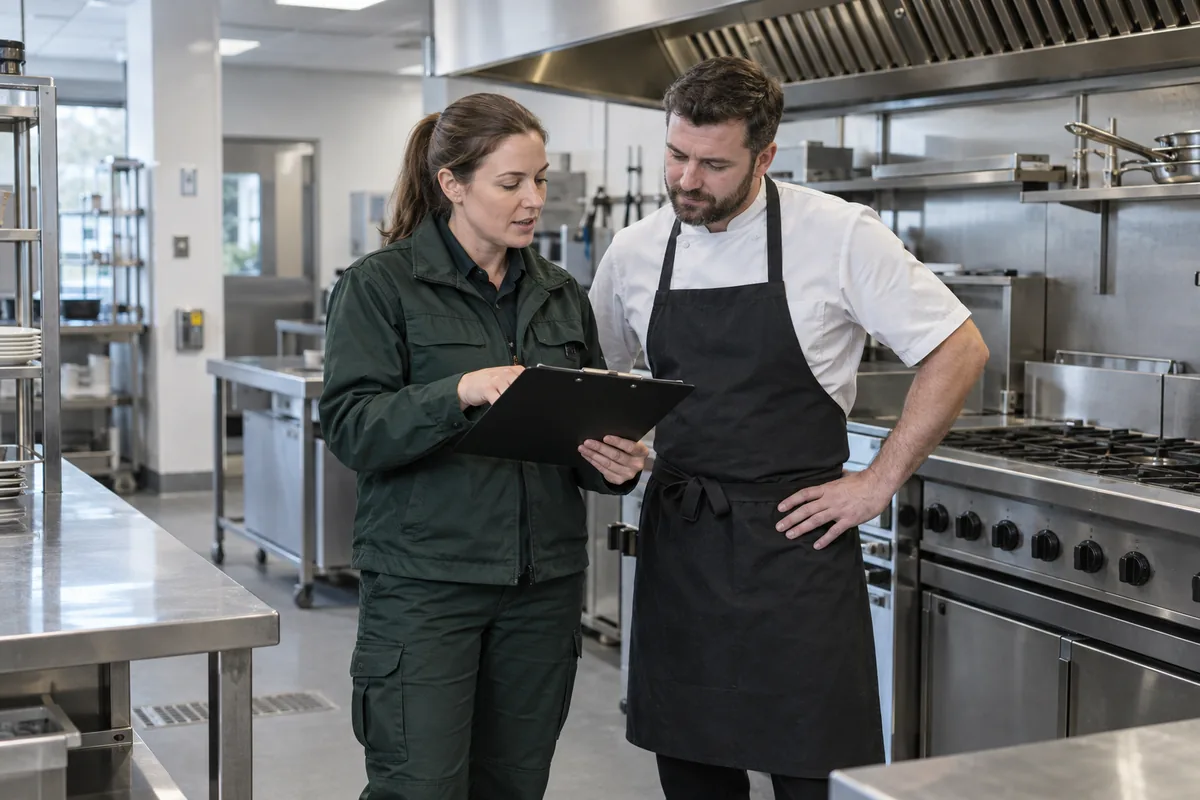 Female pest inspector in dark green workwear and a restaurant manager in plain dark apron reviewing inspection findings in a clean empty British restaurant kitchen, stainless counters, range and extraction hood in background, no food exposed, inspector has clipboard, both standing, candid medium-wide professional photograph.