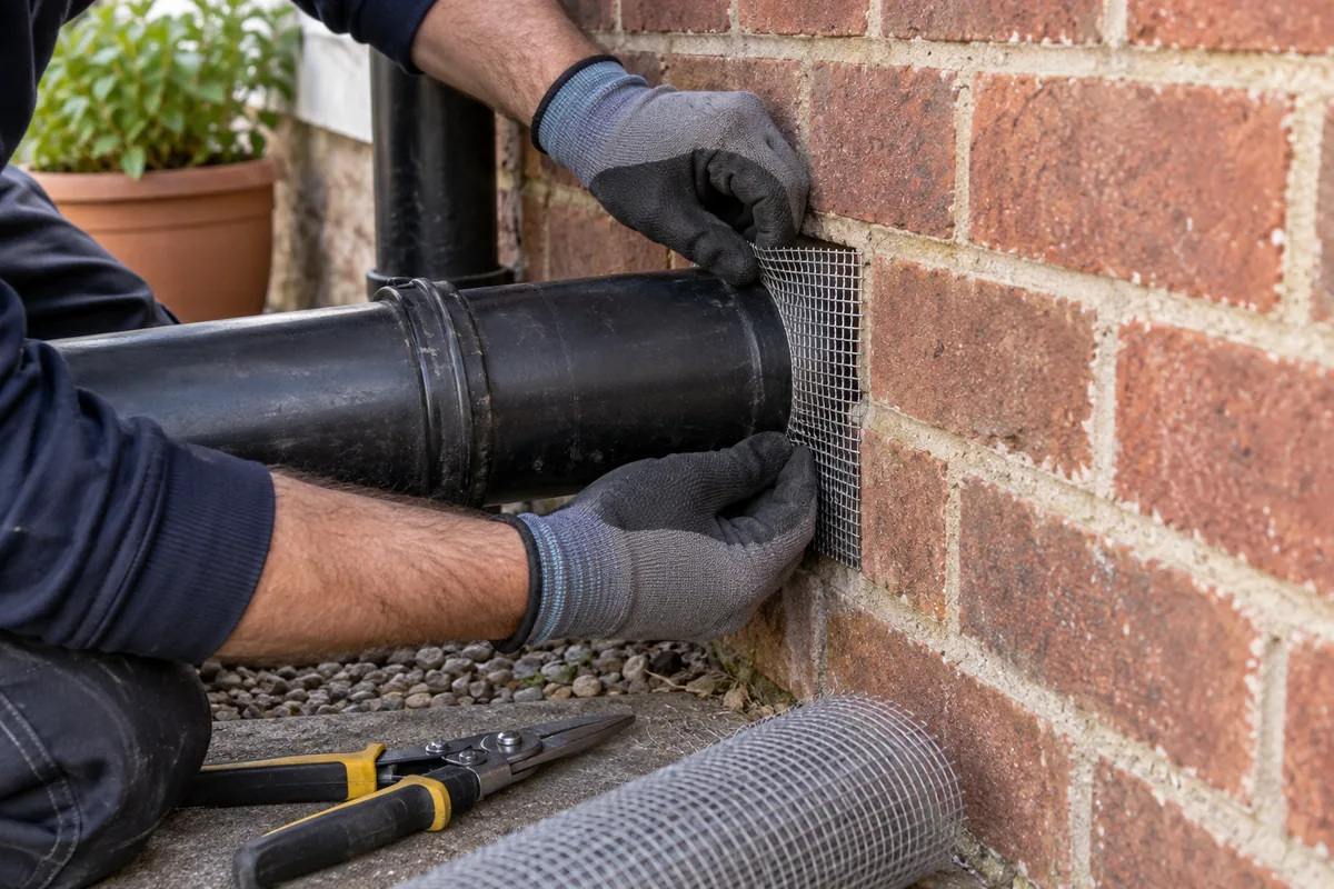 Professional technician wearing work gloves fitting durable fine stainless steel mesh tightly over a pipe entry gap through an exterior British brick wall, correct hand tools on ground.