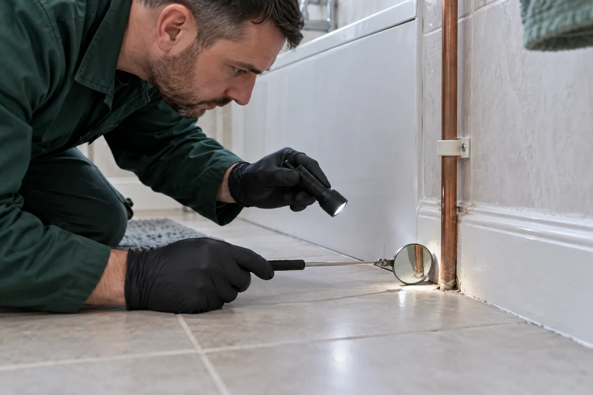 Gloved pest inspector using a small inspection mirror and compact torch to examine the floor-level skirting where a copper bathroom pipe enters a wall, pale British bathroom tile and white bath panel, no live treatment.
