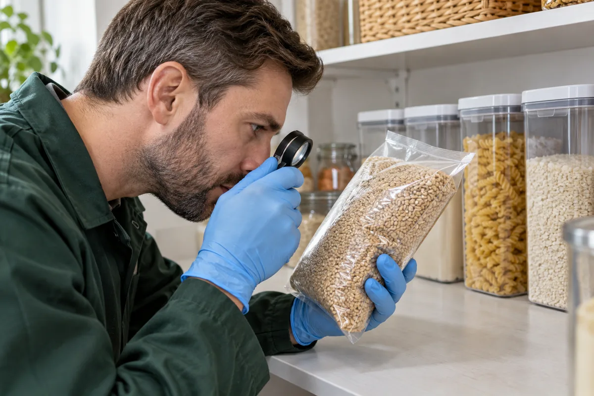 Pest inspector wearing blue nitrile gloves examining a sealed transparent bag of grain through a hand lens on a clean pantry work surface, plain unbranded sealed dry-goods containers behind, green uniform sleeve, no spraying or opened food.