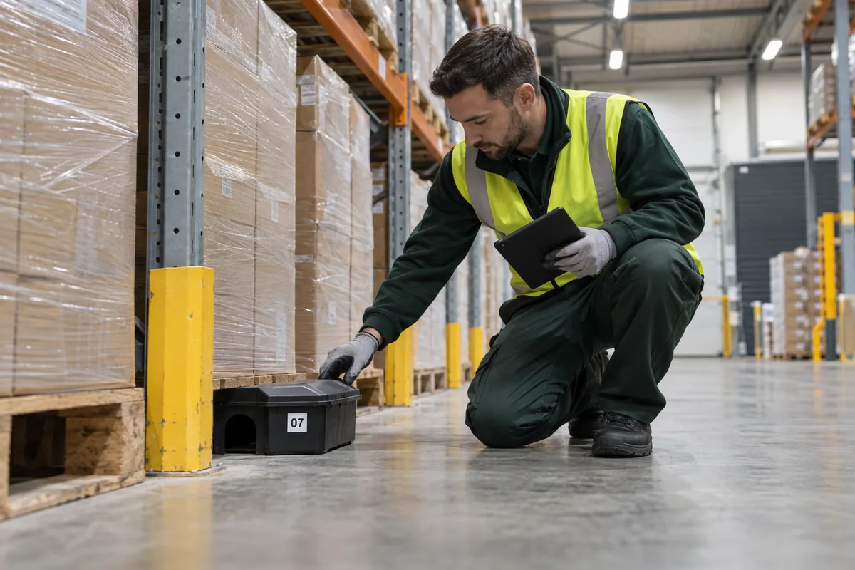 Professional pest technician in dark green workwear and plain high-visibility vest kneeling to inspect a secured closed black rodent monitoring station beside warehouse shelving, small simple station number 07 on its tag, clean British warehouse with pallet racks and sealed cartons, wide low-angle photo, no forklift movement, no poison visible.