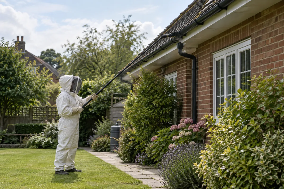 Pest specialist wearing a complete cream protective bee-style suit with zipped veil and gauntlets standing firmly on ground several metres from a British home's roof eaves, carefully assessing the eaves with a long inspection pole, safe distance, no active spraying.