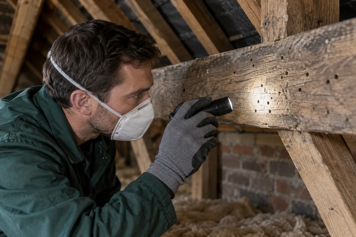 Gloved pest specialist in dark green workwear and a simple dust mask inspecting small round beetle flight holes in an old structural timber beam using a compact torch, British loft wooden framing in background.
